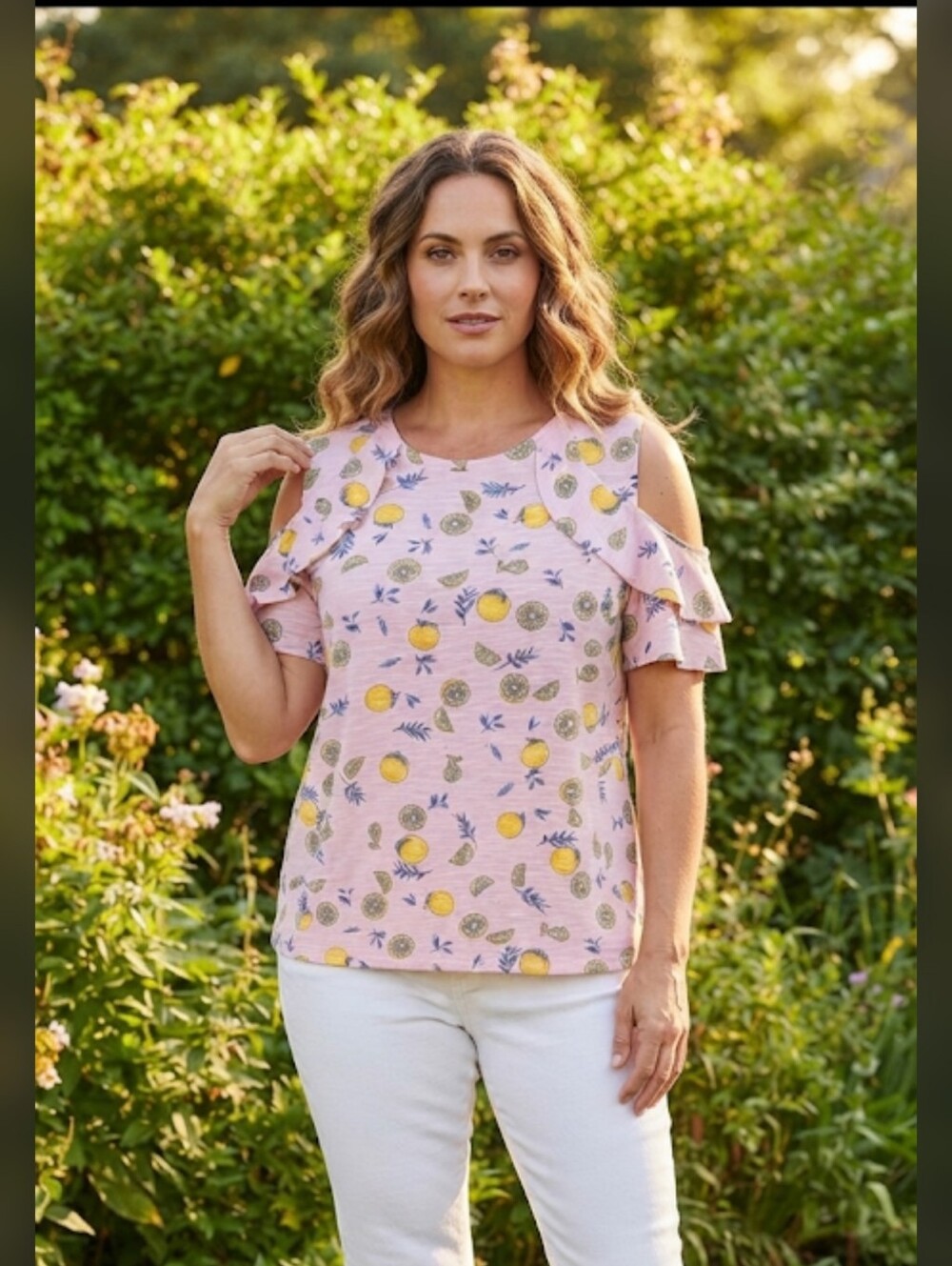 Juicy Couture Pink Lemon Print Cold-Shoulder Women's Top